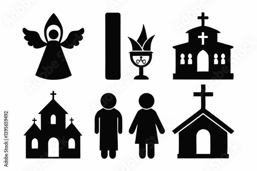 christian icon set sihouette black vector