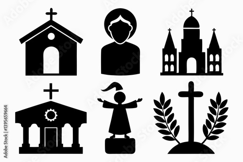 christian icon set sihouette black vector
