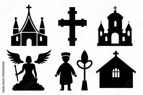 christian icon set sihouette black vector