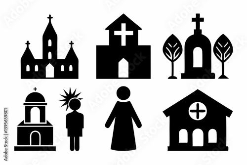 christian icon set sihouette black vector