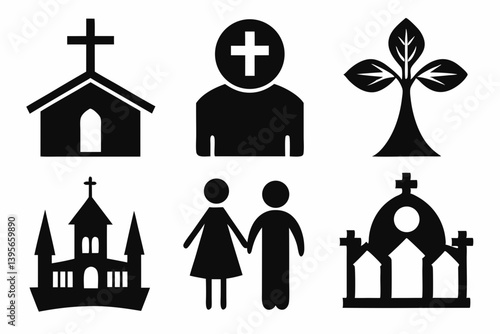 christian icon set sihouette black vector