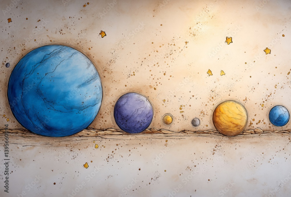 a painting of the planets of the solar system, with each planet represented by a different color The planets are arranged in a line, with the largest one in the ce