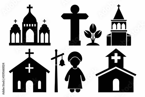 christian icon set sihouette black vector