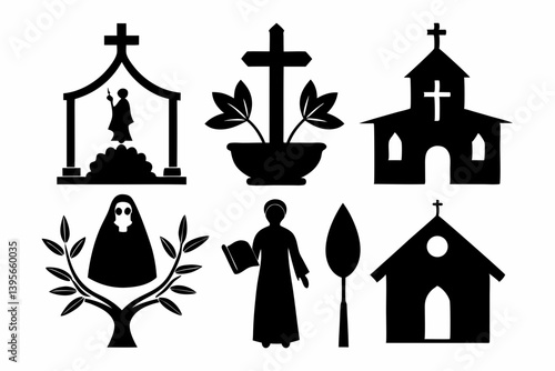 christian icon set sihouette black vector