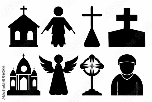 christian icon set sihouette black vector