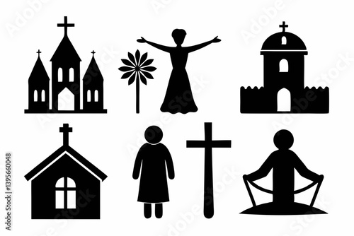 christian icon set sihouette black vector