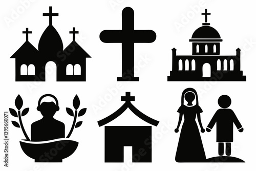 christian icon set sihouette black vector