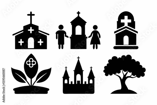 christian icon set sihouette black vector