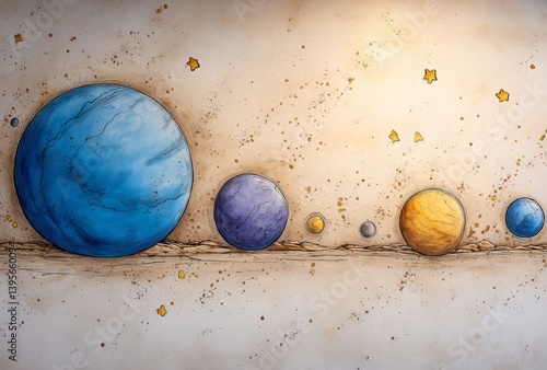 Obraz na płótnie a painting of the planets of the solar system, with each planet represented by a different color The planets are arranged in a line, with the largest one in the ce w salonie