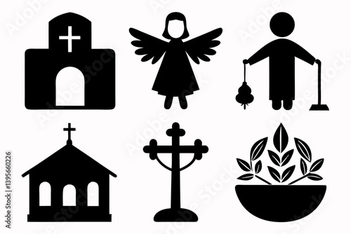 christian icon set sihouette black vector