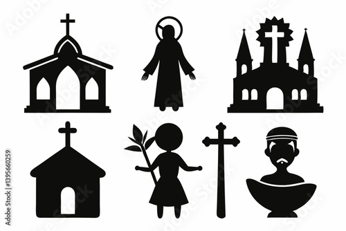 christian icon set sihouette black vector