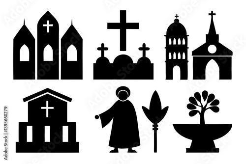 christian icon set sihouette black vector