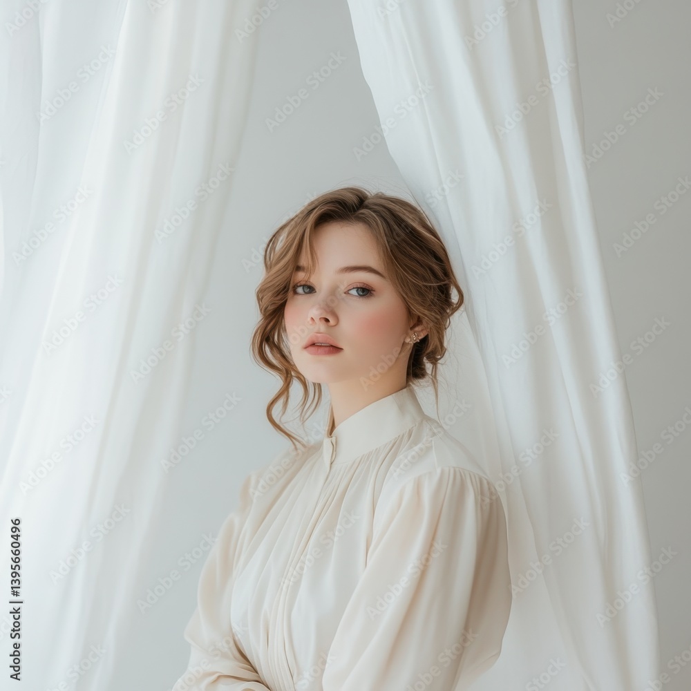 Soft portrait of woman in white curtains Soft portrait of woman in white curtains