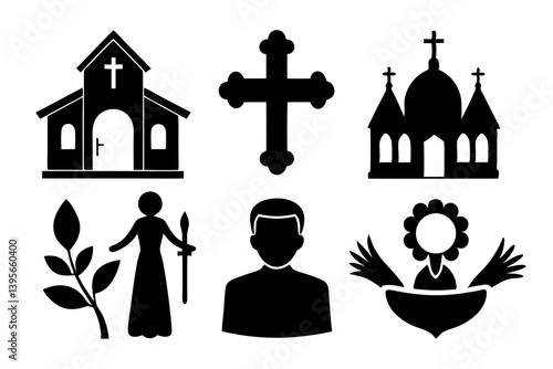 christian icon set sihouette black vector