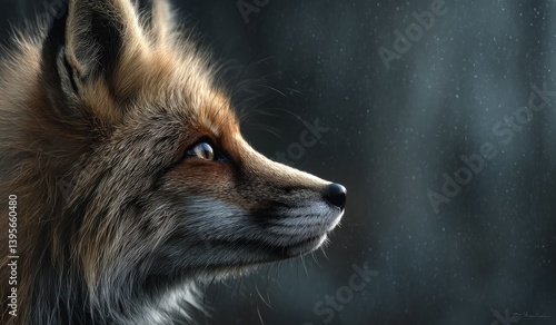  a red fox looking out the window in the rain, with a black background The fox is animated, giving the image a dynamic feel