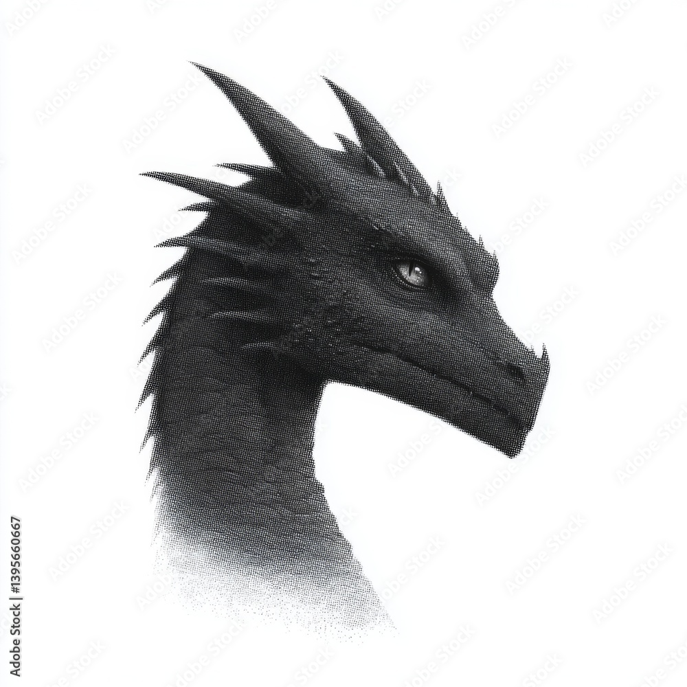a black and white drawing of a dragon's head against a white background