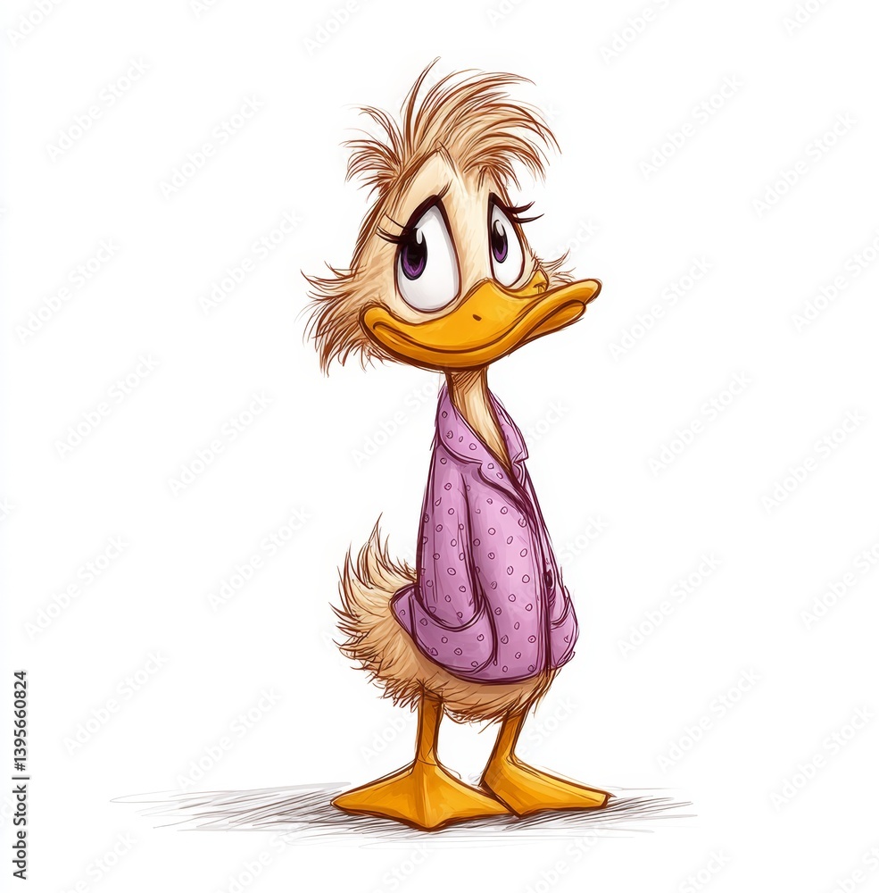 a cartoon duck wearing a purple shirt against a white background