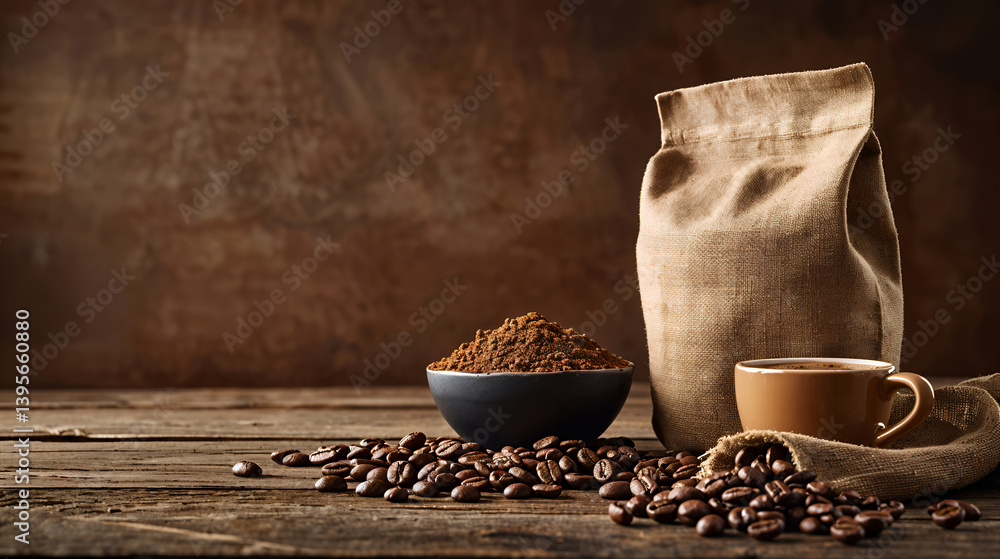 custom made wallpaper toronto digitalCoffee bag with cup and coffee beans on wooden table and brown background.