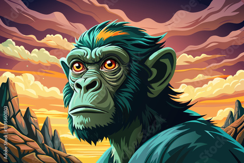 Monkey portrait on mysterious land under a strange colored sky, animal banner