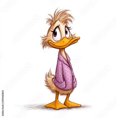 Obraz na płótnie a cartoon duck wearing a purple shirt against a white background w salonie