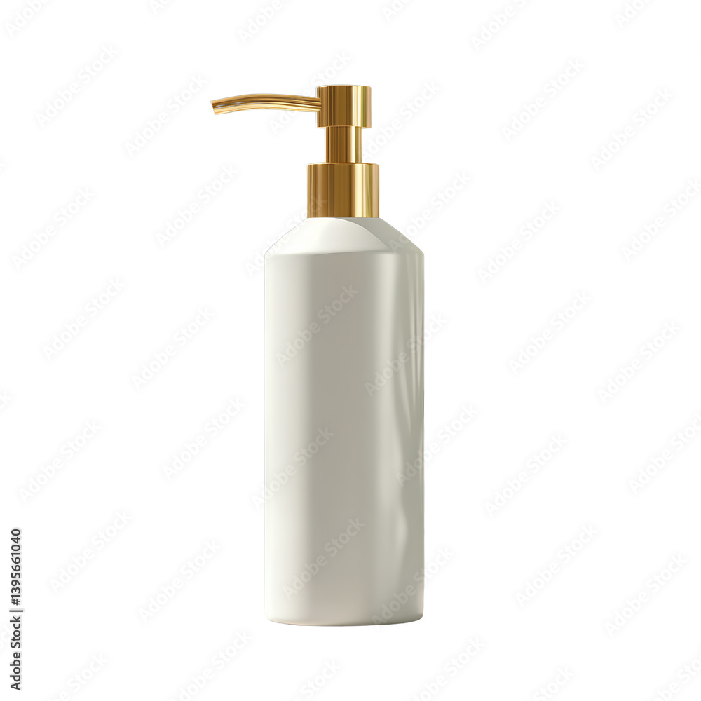 3D render of a white shampoo bottle with a golden pump on a transparent background PNG 3D render of a white shampoo bottle with a golden pump on a transparent background PNG