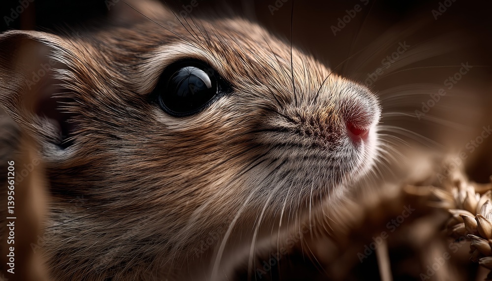 a close up of a gerbil's face in a field of wheat, with a blurred background