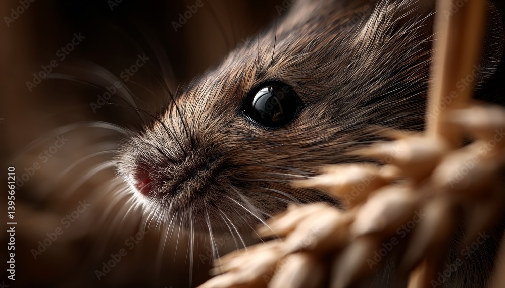 a close up of a mouse peeking out from behind a pile of wheat, with a blurred background