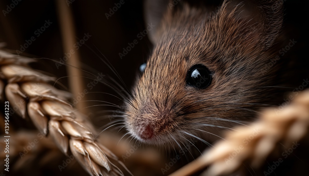 a small brown mouse sitting atop a pile of wheat, with a blurred background
