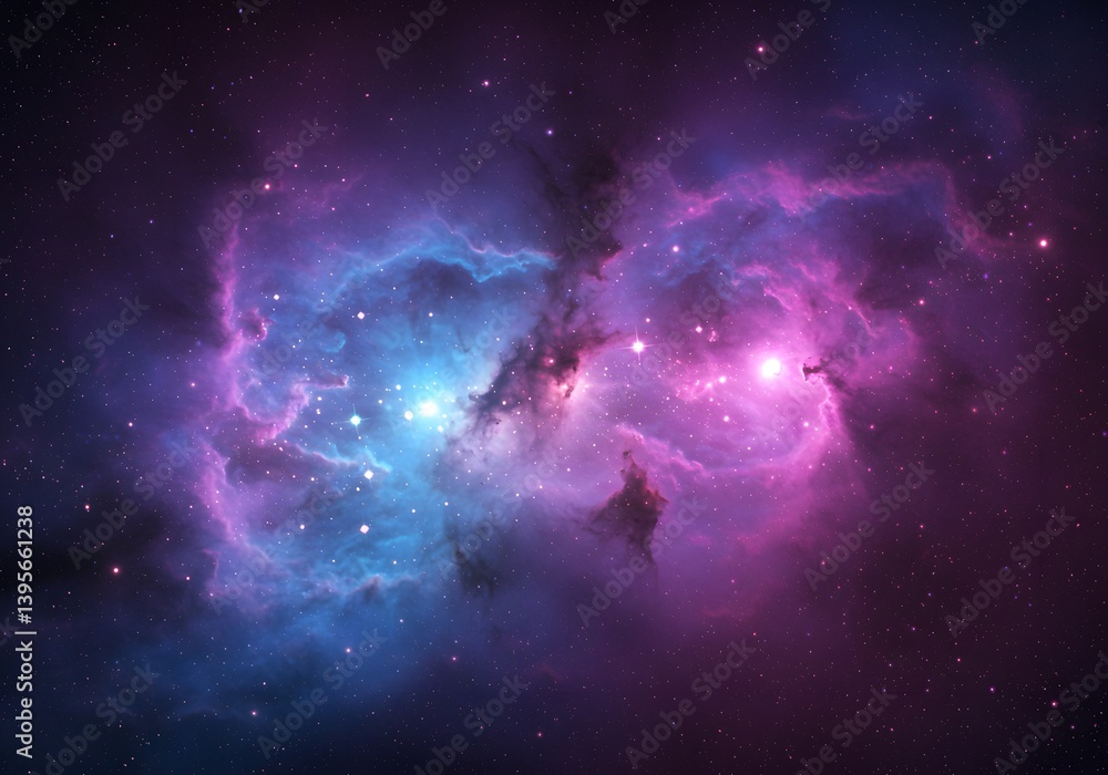 Fototapeta premium abstract glitter silver, purple, blue lights background. de-focused. banner, Cosmic nebula, vibrant purple and blue clouds, glowing pink particles, starry background