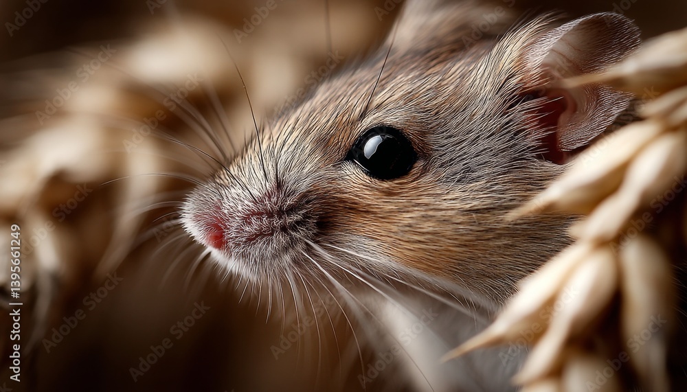 a close up of a gerbil sitting in a pile of wheat, with a blurred background