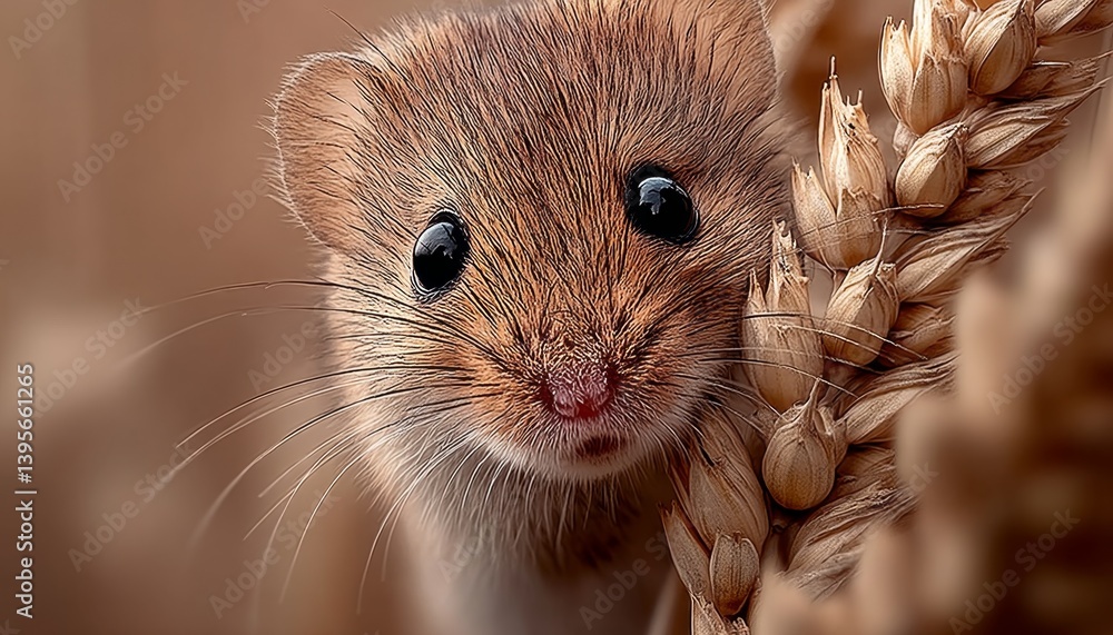a harvest mouse perched atop a stalk of wheat, its brown fur standing out against the blurred background