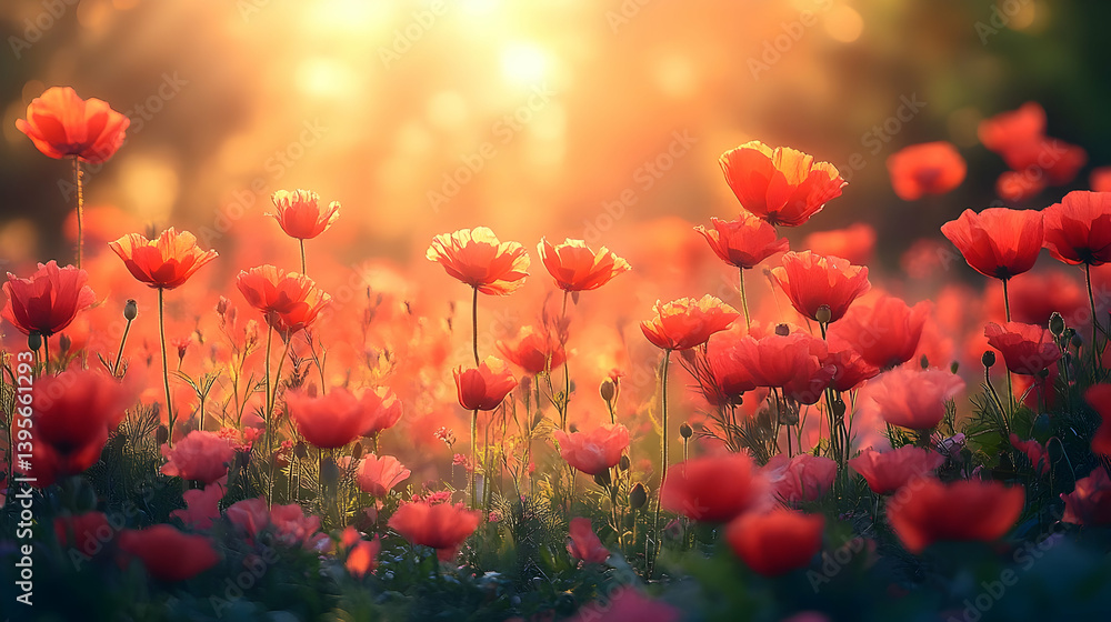 Obraz premium Red Poppies Field at Sunset, Warm Light, Vibrant Floral Landscape