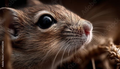   a close up of a gerbil's face in a field of wheat, with a blurred background