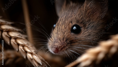 Obraz na płótnie a small brown mouse sitting atop a pile of wheat, with a blurred background w salonie