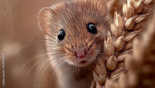Obraz na płótnie a harvest mouse perched atop a stalk of wheat, its brown fur standing out against the blurred background w salonie