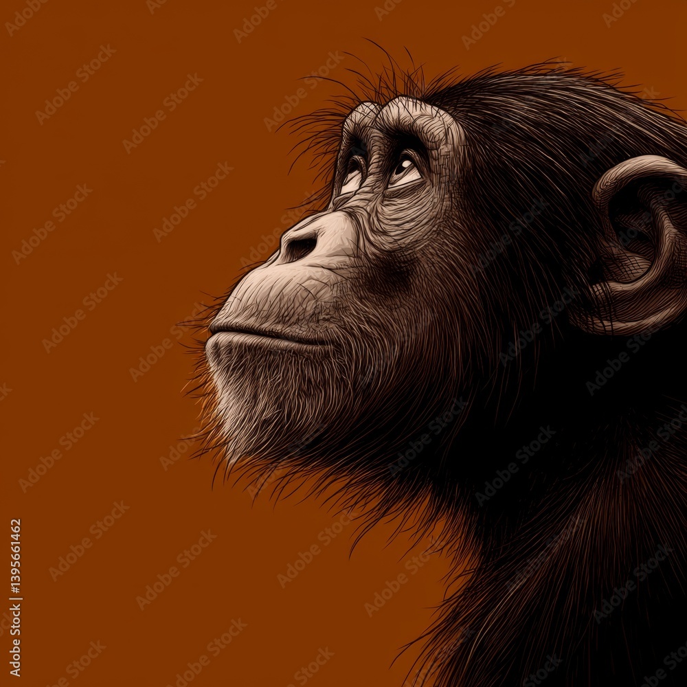 a chimpanzee looking up at the sky against an orange background The chimpanzee has a curious expression on its face, and its fur is a light brown color Its eyes a
