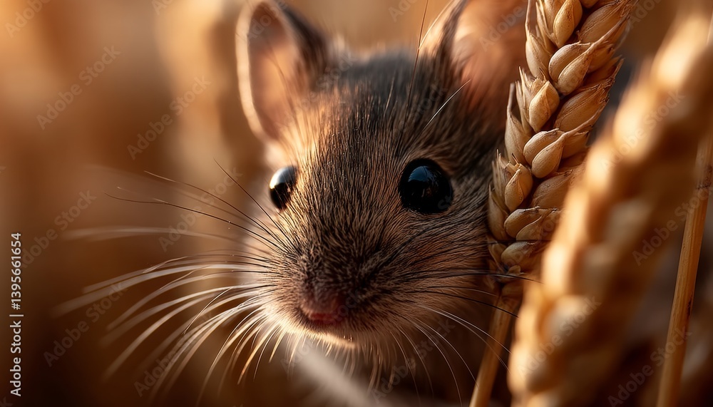a mouse sitting in a field of wheat, with a blurred background The mouse is in focus, while the background is slightly out of focus, giving the image a dreamy qual