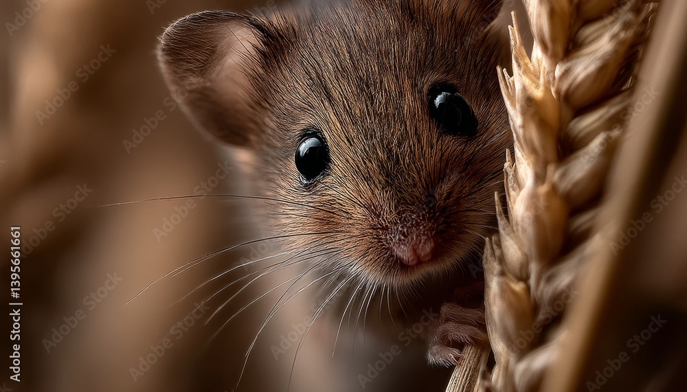 a brown mouse sitting atop a pile of wheat, with a blurred background