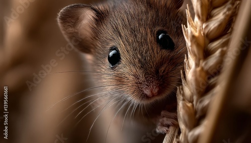 Obraz na płótnie a brown mouse sitting atop a pile of wheat, with a blurred background w salonie