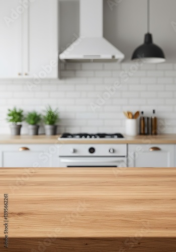 Wood table top on blur kitchen counter room background. Wooden table surface in foreground, blurred modern kitchen background