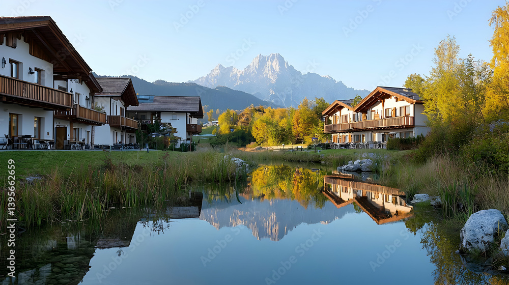 Fototapeta premium Alpine Village Reflecting In Calm Creek