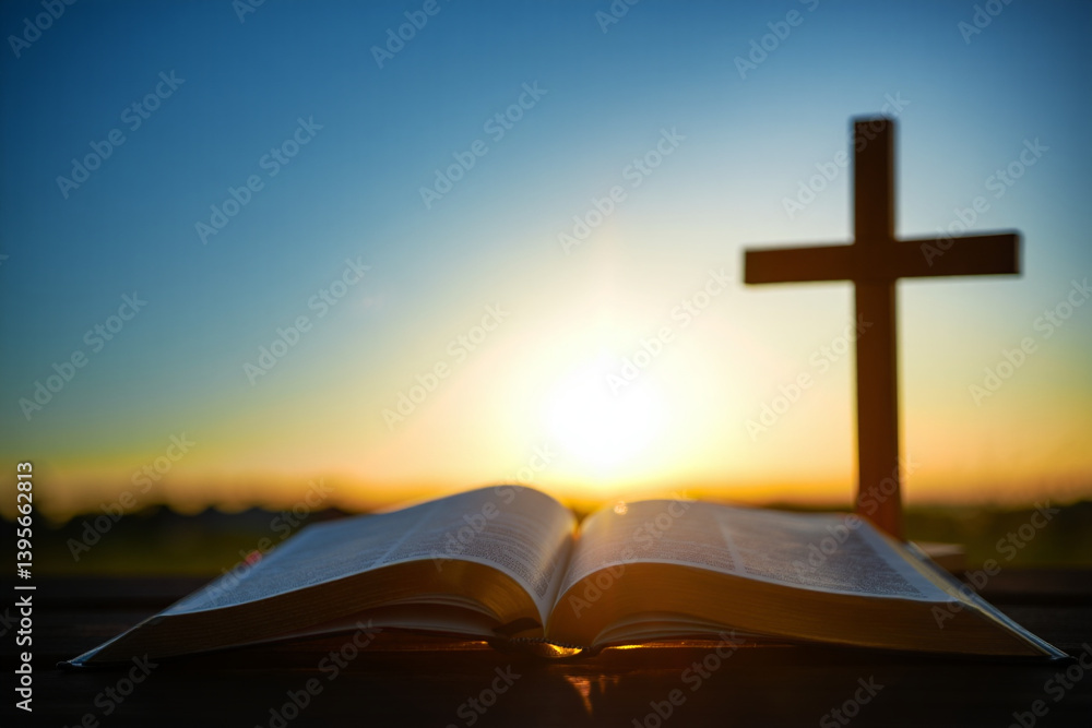 Open Bible, Cross, and Sunset A Symbol of Faith and Hope Open Bible, Cross, and Sunset A Symbol of Faith and Hope