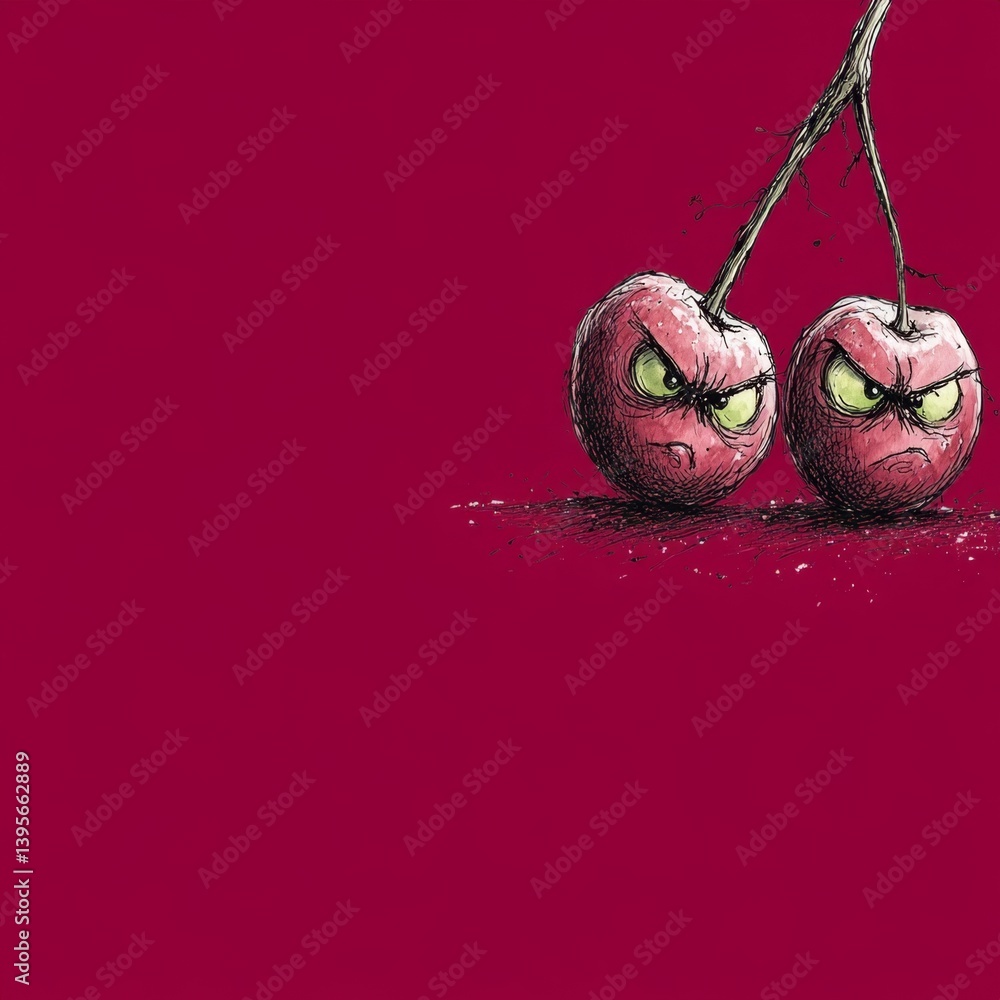 two cherries with green eyes on a red background The cherries are animated, giving the image a lively feel