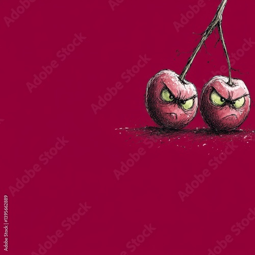 Obraz na płótnie two cherries with green eyes on a red background The cherries are animated, giving the image a lively feel w salonie