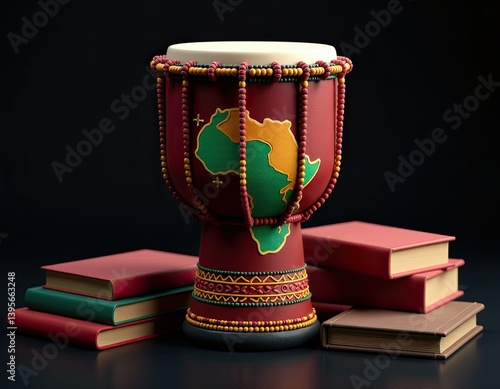 African Djembe Drum with Map Design and Stack of Books