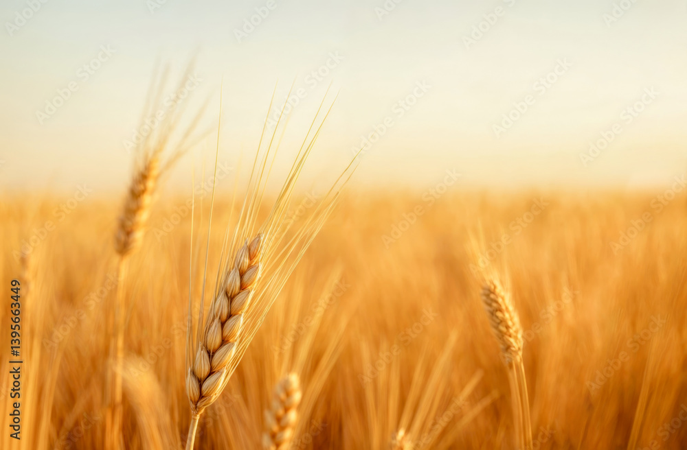 Golden wheat field swaying gently under warm sunlight during early evening hours Golden wheat field swaying gently under warm sunlight during early evening hours