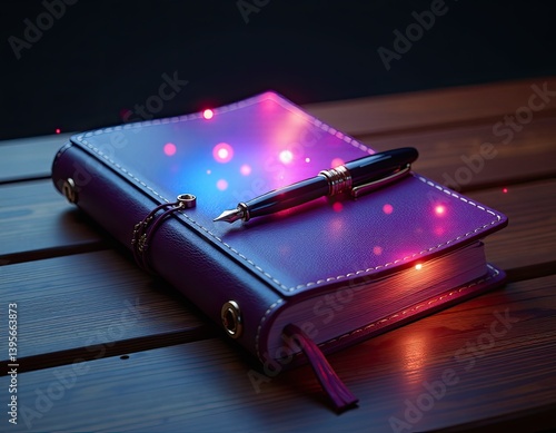 Obraz na płótnie Magical Purple Leather Journal with Fountain Pen - Glowing Fantasy Notebook w salonie