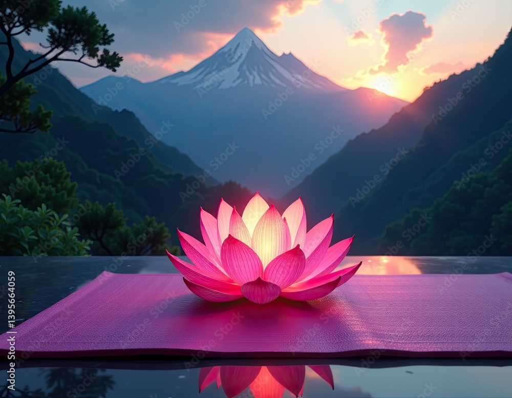 Illuminated Lotus Flower at Sunset with Mountain View - Serenity and Peace