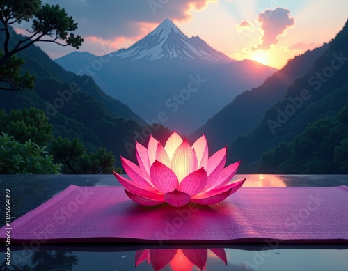 Obraz na płótnie Illuminated Lotus Flower at Sunset with Mountain View - Serenity and Peace w salonie