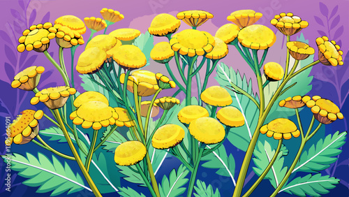 Yellow flowers of a medicinal wild plant tansy closeup